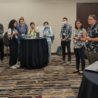 GSN Exec Committee Members Manqi Cai, (Pitt) , Rebecca Kurtz-Garcia, (UC Riverside) and Hannah Waddel, (Emory) welcome attendees at the first GSN Meetup at JSM along with Faculty Steering Committee  Member Sumanta Basu (Cornell).