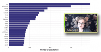 Julia Silge (RStudio) reviews a word frequency graph obtained during text mining tutorial.