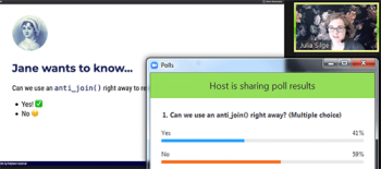 Julia Silge (RStudio) using a poll to keep attendees involved and receive feedback as part of the session.