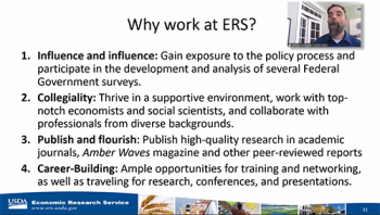 Jeffrey Gonzalez (ERS) poses reasons for considering working for the USDA as a statistician. Jeffrey Gonzalez (ERS) poses reasons for considering working for the USDA as a statistician.