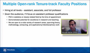 Murali Haran (Penn State) reviews open positions within his department. Murali Haran (Penn State) reviews open positions within his department.