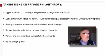 Steve Kern (Gates Foundation) reviews the nuances of seeking funds from private sources. Steve Kern (Gates Foundation) reviews the nuances of seeking funds from private sources.