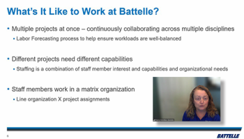 Nancy McMillan, (Battelle) shares her experiences and career opportunites at Battelle.