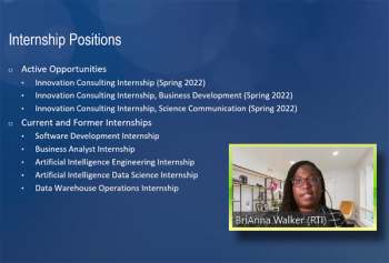BriAnna Walker (RTI) describes the internship positions available at RTI. BriAnna Walker (RTI) describes the internship positions available at RTI.