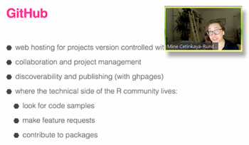 Mine Cetinkaya-Rundel, (University of Edinburgh, Duke University, RStudio) provides a list of reasons how GitHub can be used to help connect and collaborate with others.