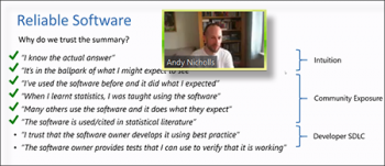Andy Nicholls (R Validation Hub) reviews aspects related to software reliability. Andy Nicholls (R Validation Hub) reviews aspects related to software reliability.