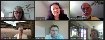 Lilly Yue (center, above) responds to a question in Zoom from Moderators Adam Lane (University of Cincinnati) (lower, center) and Sergei Tarima (Medical College of Wisconsin) (lower, right).