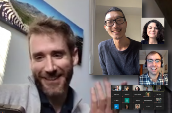 Ben Risk (left) and Ark Fang (center) speak with students at a Graduate Student Network meetup. Ben Risk (left) and Ark Fang (center) speak with students at a Graduate Student Network meetup.