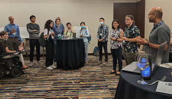 GSN Exec Committee Members Manqi Cai, (Pitt) , Rebecca Kurtz-Garcia, (UC Riverside) and Hannah Waddel, (Emory) welcome attendees at the first GSN Meetup at JSM along with Faculty Steering Committee Member Sumanta Basu (Cornell). GSN Exec Committee Members Manqi Cai, (Pitt) , Rebecca Kurtz-Garcia, (UC Riverside) and Hannah Waddel, (Emory) welcome attendees at the first GSN Meetup at JSM along with Faculty Steering Committee Member Sumanta Basu (Cornell).
