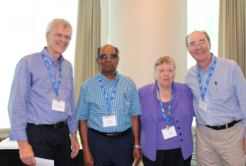 The Jerome Sacks Award being presented to Jogesh Babu by Jim Rosenberger, Director NISS (left), Mary Batcher, Chair, NISS Board of Trustees (second from right), and David Banks, Director SAMSI (right)