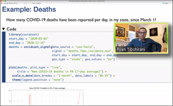 Ryan Tibshirani (Carnegie Mellon) walks through the R code for an example that plots COVID-19 deaths.
