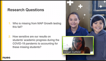 Megan Kuhfeld (Northwest Evaluation Association) presents the research questions that led her study.