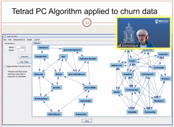 Dominique Haughton (Bentley University) displays the results of a PC algorithm using Tetrad IV software as part of her talk. Dominique Haughton (Bentley University) displays the results of a PC algorithm using Tetrad IV software as part of her talk.