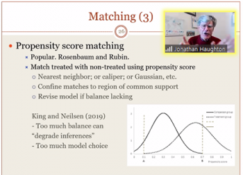 Jonathan Haughton (Suffolk University) reviews propensity scoring related to a matching technique. Jonathan Haughton (Suffolk University) reviews propensity scoring related to a matching technique.